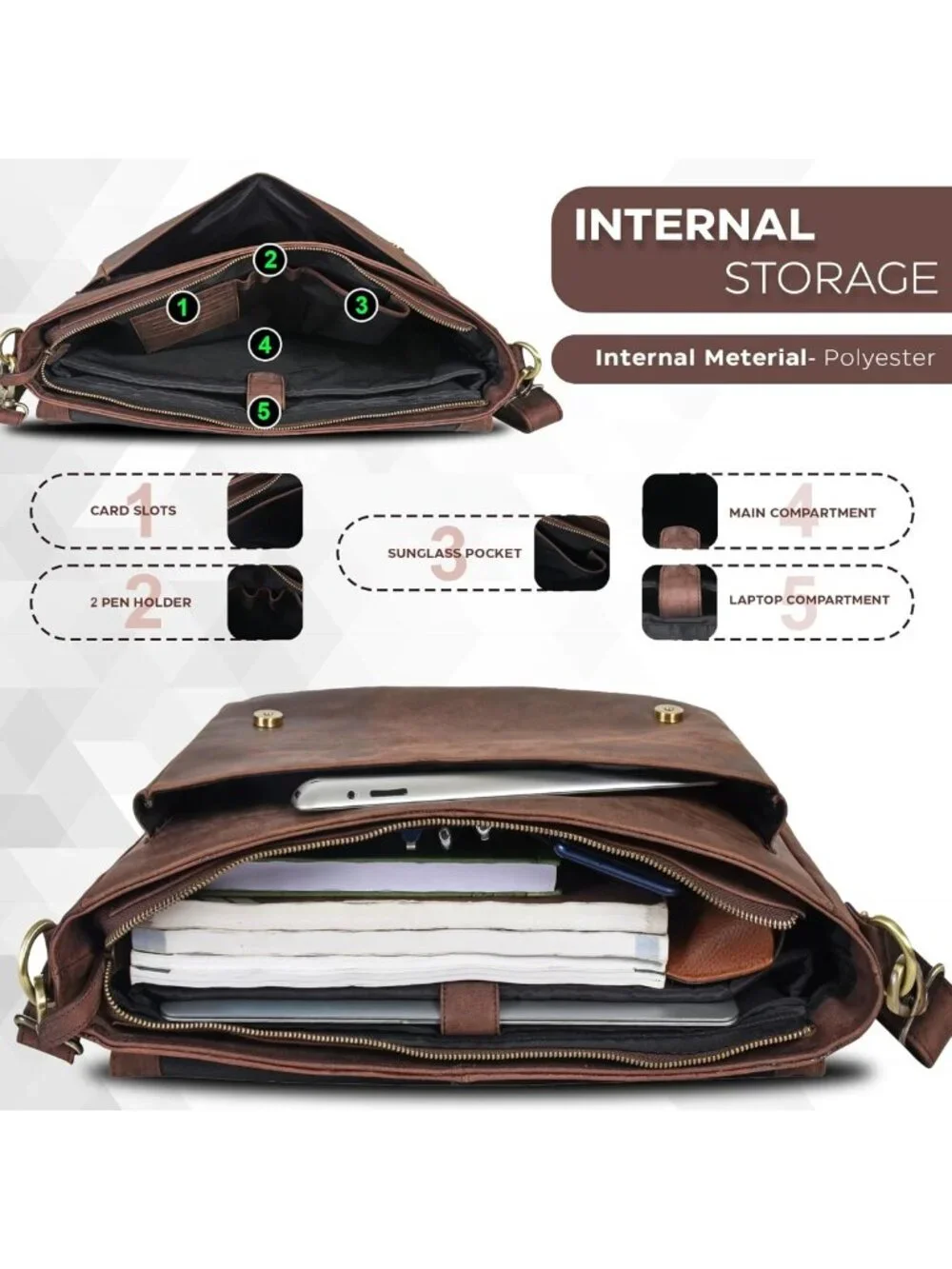 Stylish Leather Laptop Messenger Bag - Unisex Briefcase with Adjustable Strap